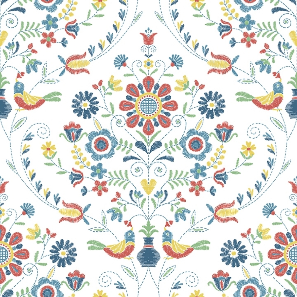 Wallpaper Britt Multicolor Embroidered Damask Folk Scandinavian